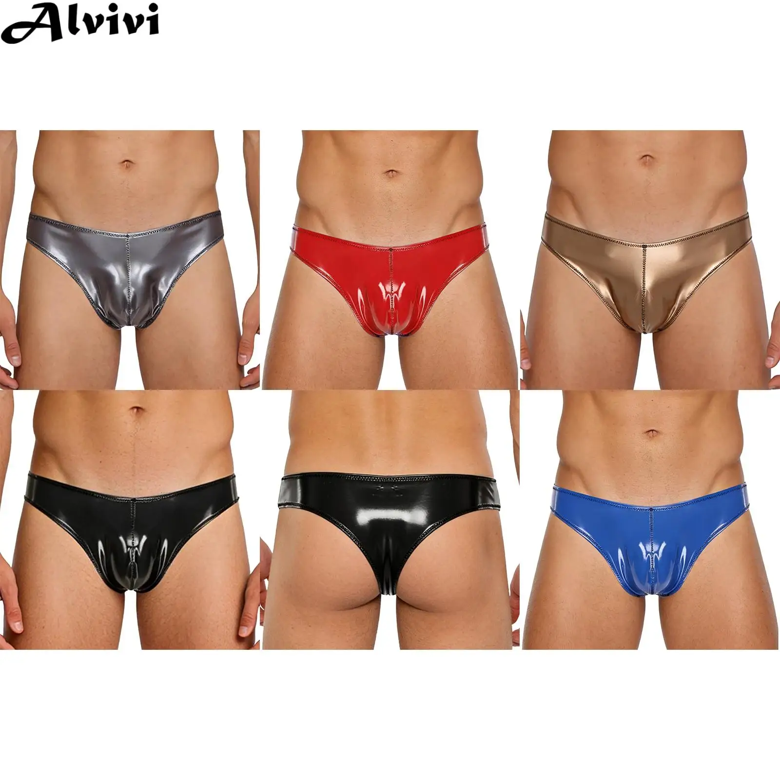 Men Glossy PU G-string Bikini Briefs Swimwear Beach Pool Swimsuit Low Rise Bugle Pouch PantiesNightclub Couple Game Underwear