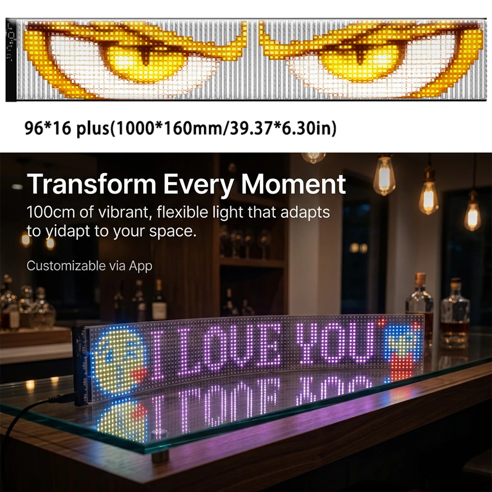 Programmable Car Mood Light Strip,USB Matrix Display with APP & Remote for Custom Text, Graphics, Animated Effects on Windshield