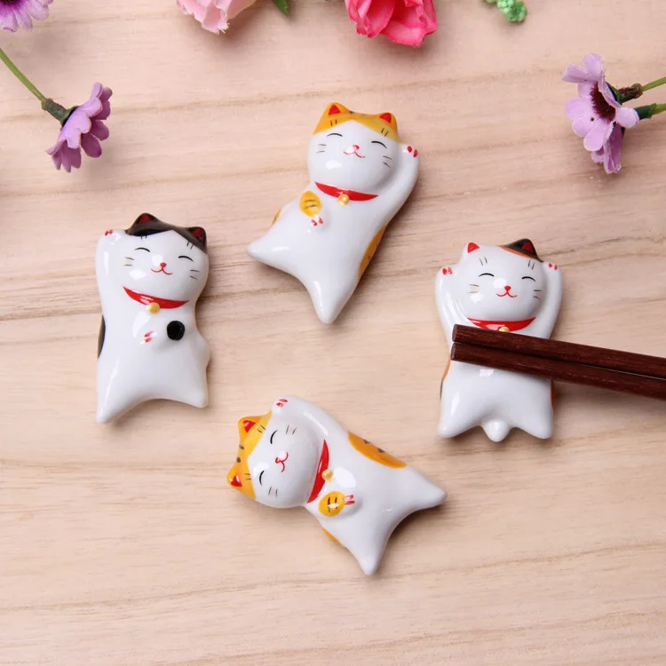 Japanese Kawaii Ceramic Cat Chopsticks Rack Desktop Ornaments Tableware For Chopsticks Spoon Pen Holder Kitchen Accessories