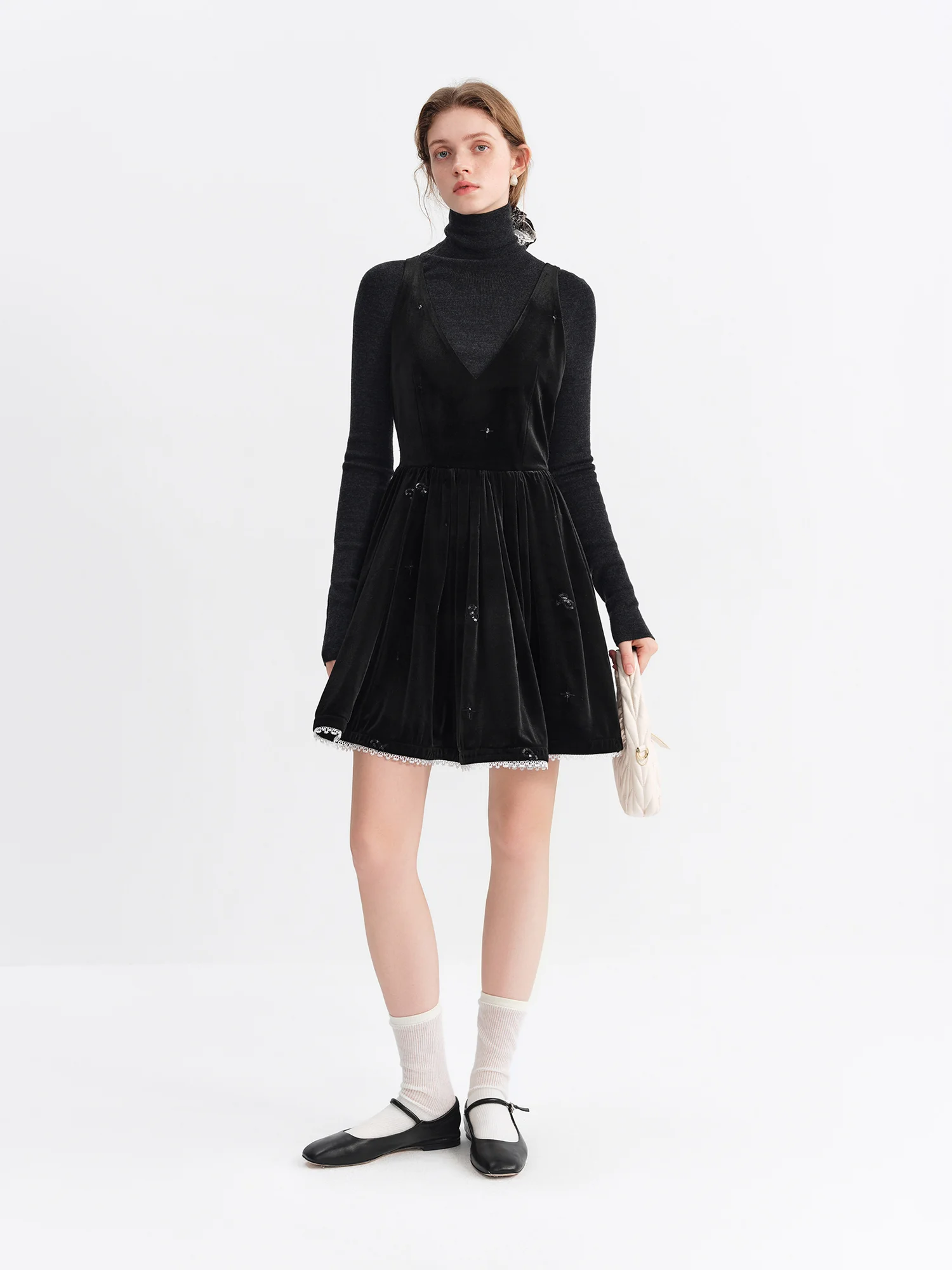 فستان FSLE براقة من المخمل مزين بالترتر للنساء لخريف وشتاء 2025 فساتين قصيرة جديدة رائعة على شكل حرف a على الطراز الفرنسي الأنيق #4