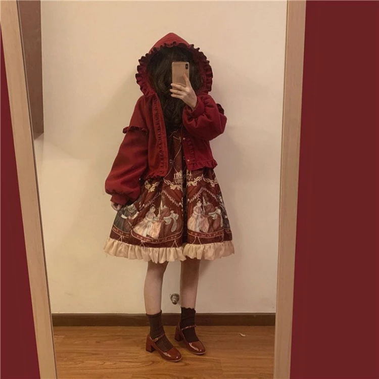 Sweet Kawaii Lolita Fungus Hoodie Cardigans Korean Loose Long Sleeve  Sweater Mujer Y2k Street Autumn Thicked Warm Woolen Coat