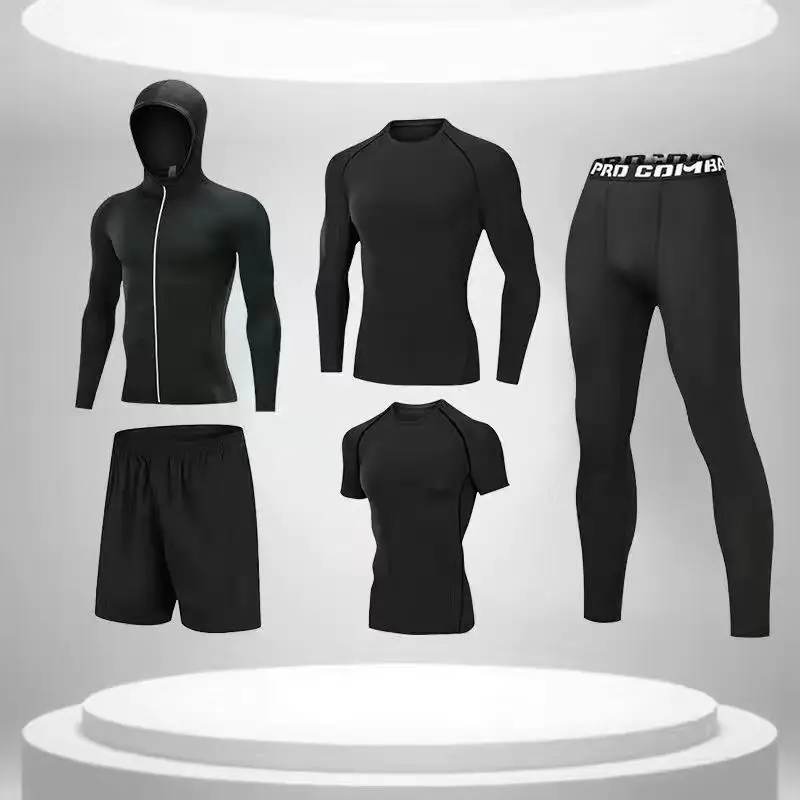 Taglia asiatica 5 pezzi tuta sportiva QuickDry da uomo palestra attillata sport Running set Jogging MMA abbigliamento Fitness tuta da allenamento