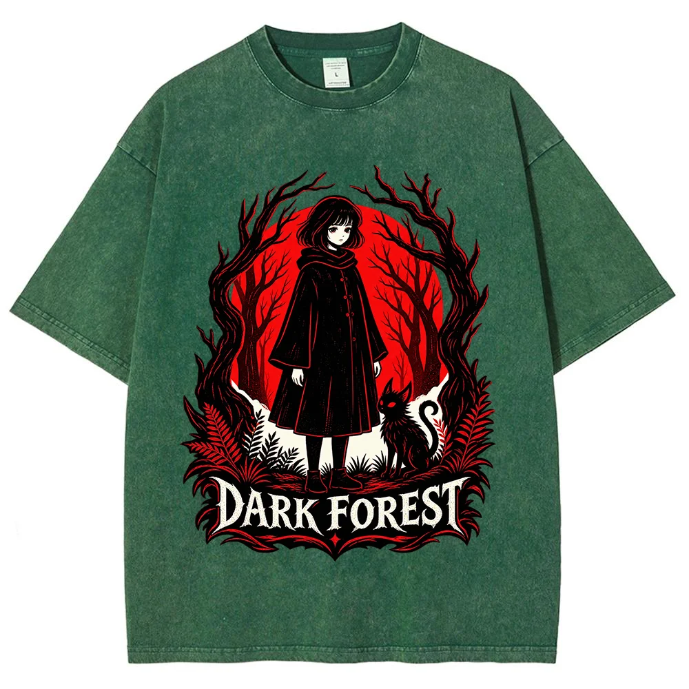 Men Dark Forest Gothic Graphic T Shirt Red Moon Girl Black Cat Print Short Sleeve Oversized Casual Streetwear Halloween Top