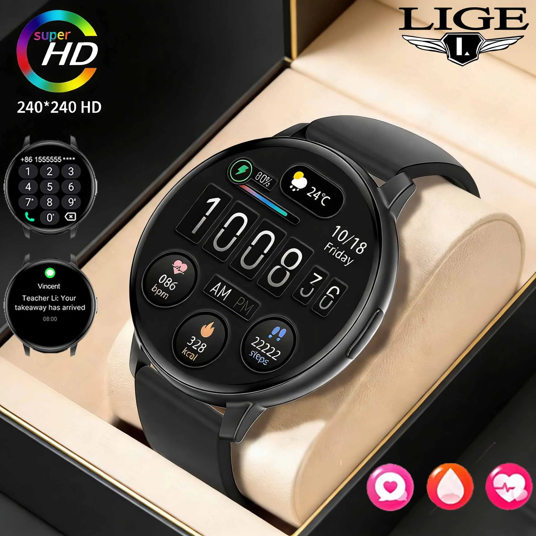 

LIGE Smart Watch Men Bluetooth Call Waterproof Sports Fitness Tracker 1.38‘’ HD Screen Full Touch Heart Rate Health Smartwatch