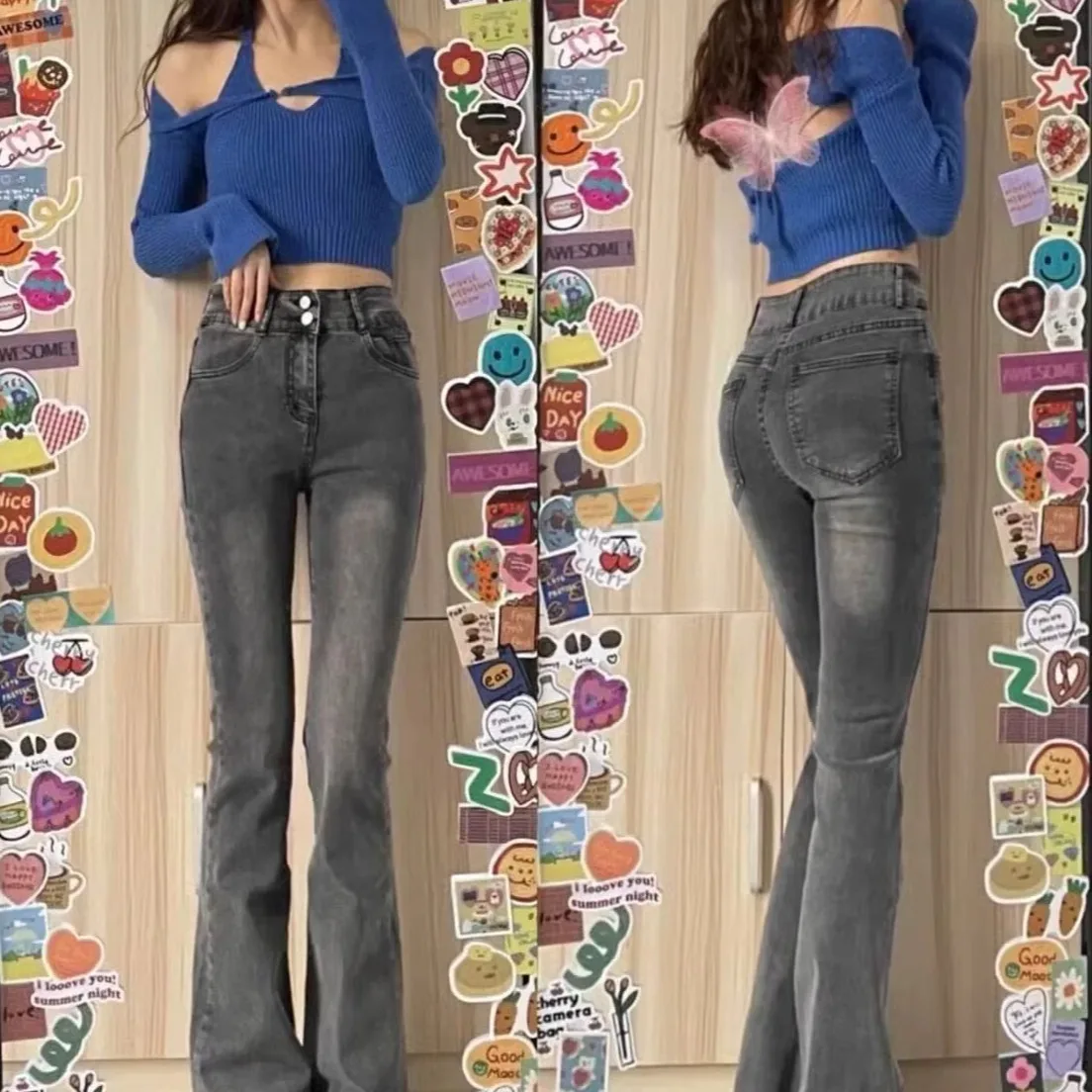 plus Size American Retro Fleece Lined Micro Flared Denim Jeans Women's Winter New Style High Waist Slimming  Hoof Pants