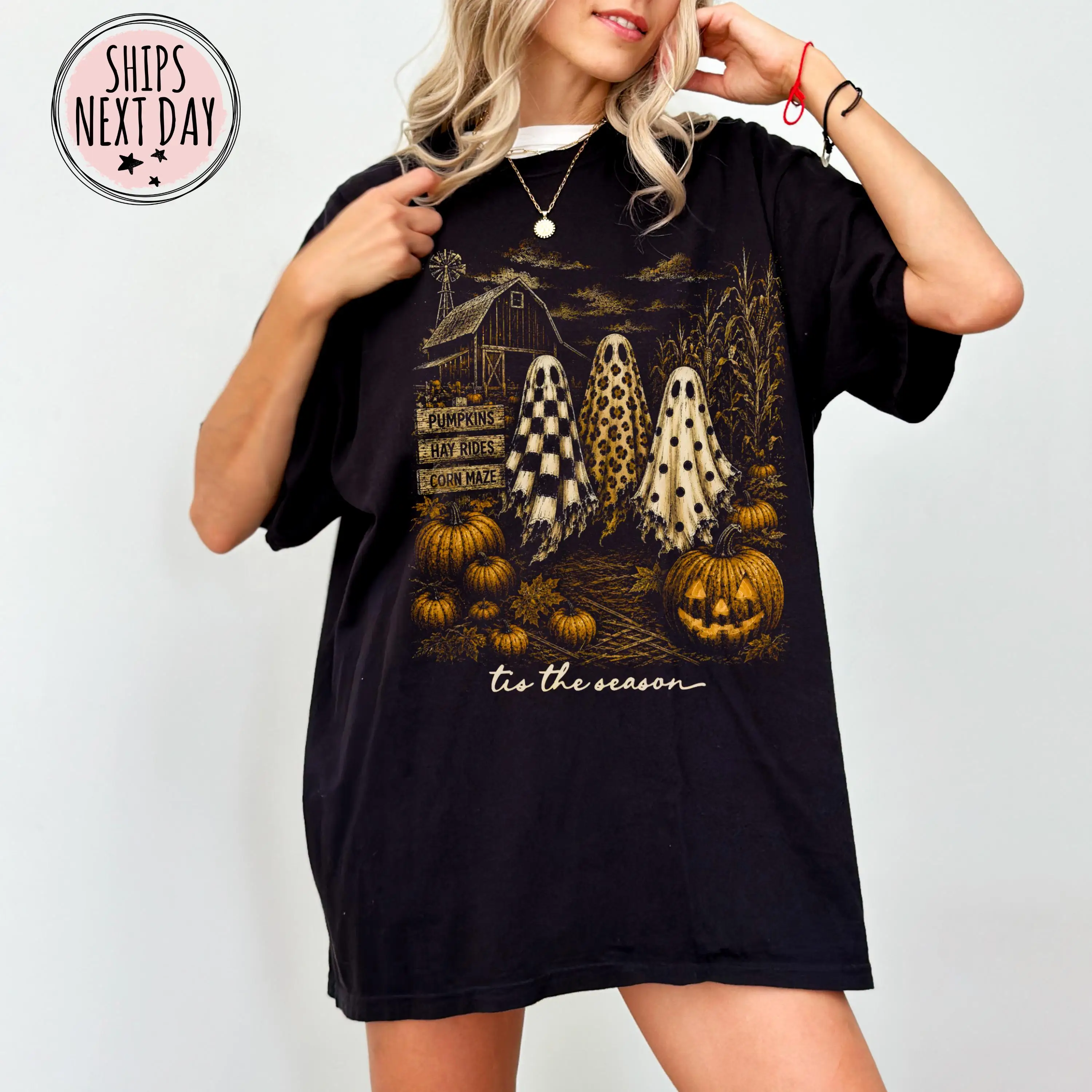 Retro Ghost Distressed Shirt -Vintage Spooky Season Tee- Halloween Haunted House T-Shirt