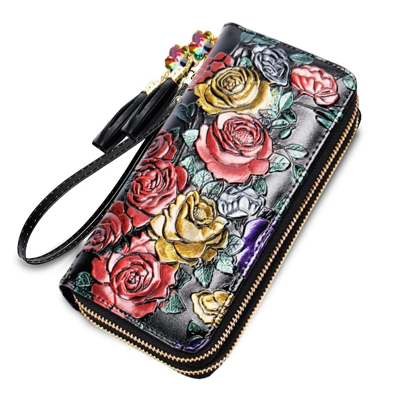 

Цветочные женские кошельки, кошелек из натуральной кожи для монет, роскошный брендовый длинный женский кожаный кошелек, женский клатч с двойной молнией