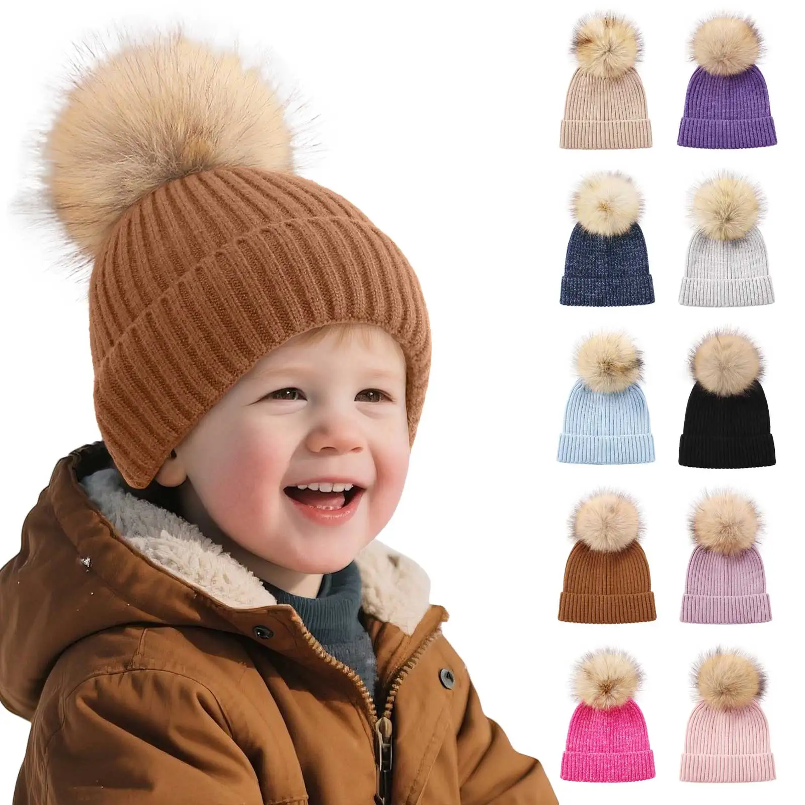 

Cute Striped Knitted Hat for Girls & Boys High Quality Blended Yarn Beanie with Faux Fur Ball Winter Cap Cute Knitting Yarn