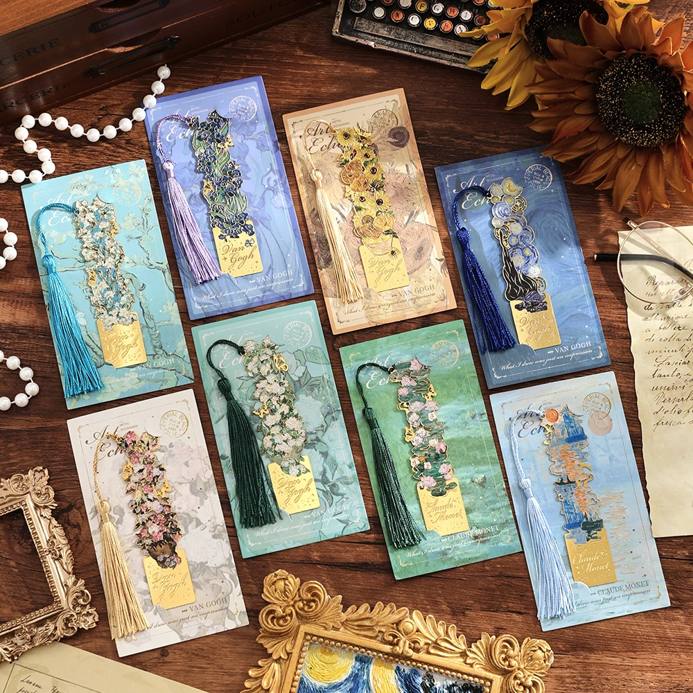 8 pcs Vintage Heterosexual Metal Painting Bookmark With Long Tassel Creative Gift Bookmark Students Reading Stationery Supplies