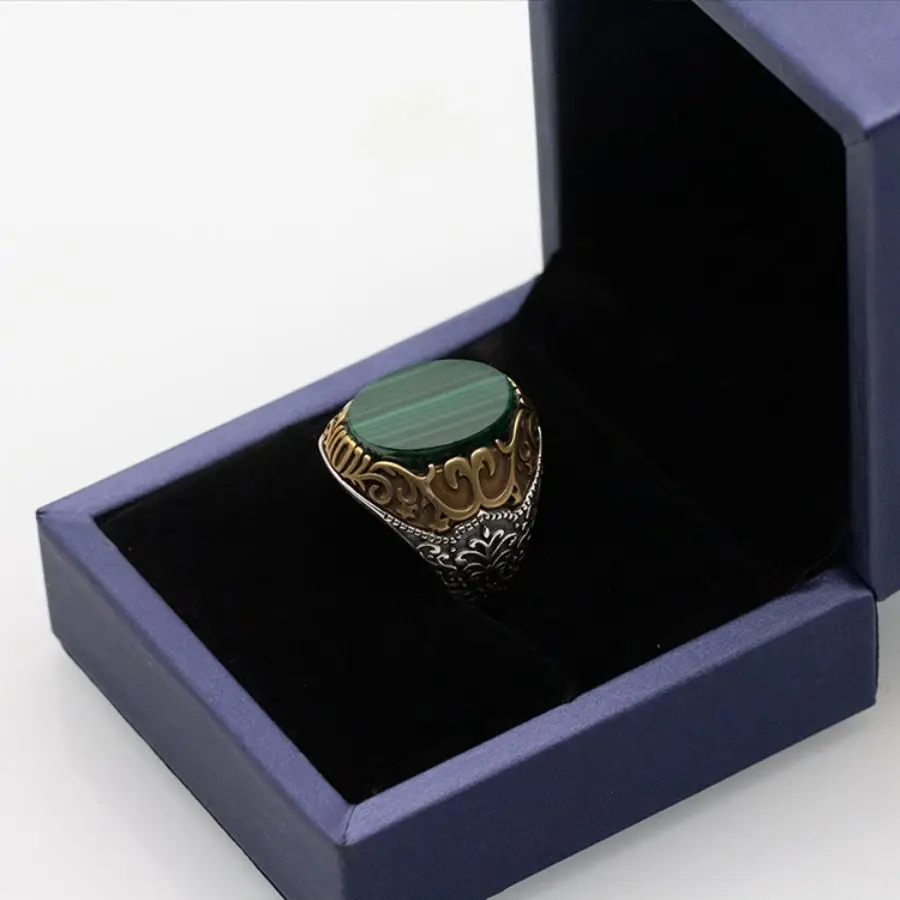 Wholesale 925 Sterling Silver Male Ring Green Malachite Stone Vintage Classic Men Silver Ring 925 Natural Stone