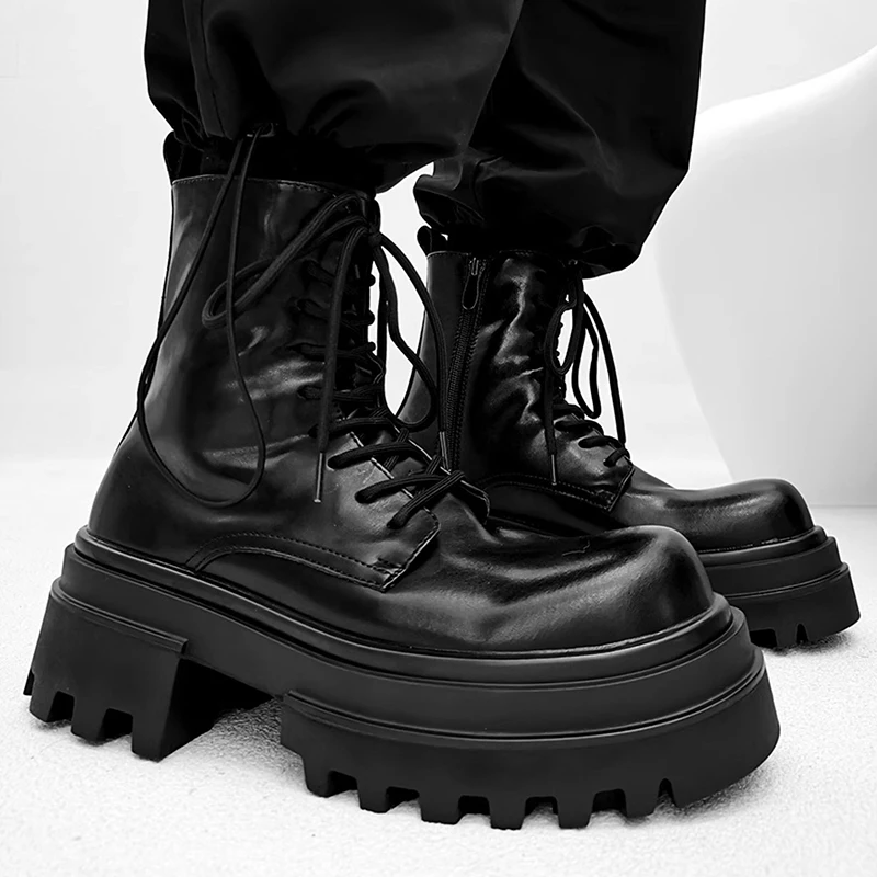 mens fashion stage nightclub high motorcycle boots lace-up natural leather shoes cowboy high platform boot designer long botas