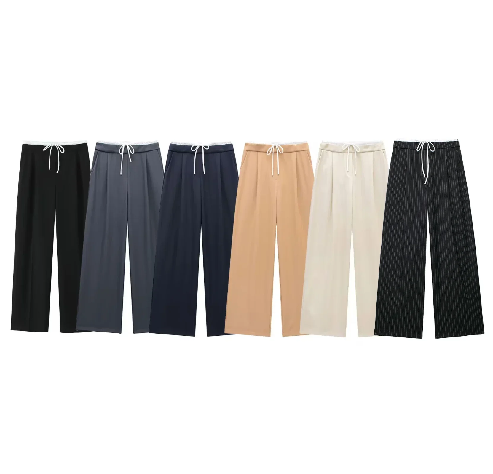 Women's New Fashion Pleated Splicing Design Loose Casual Wide Leg Pants Retro Elastic Waist Side Pockets Women's Pants Mujer