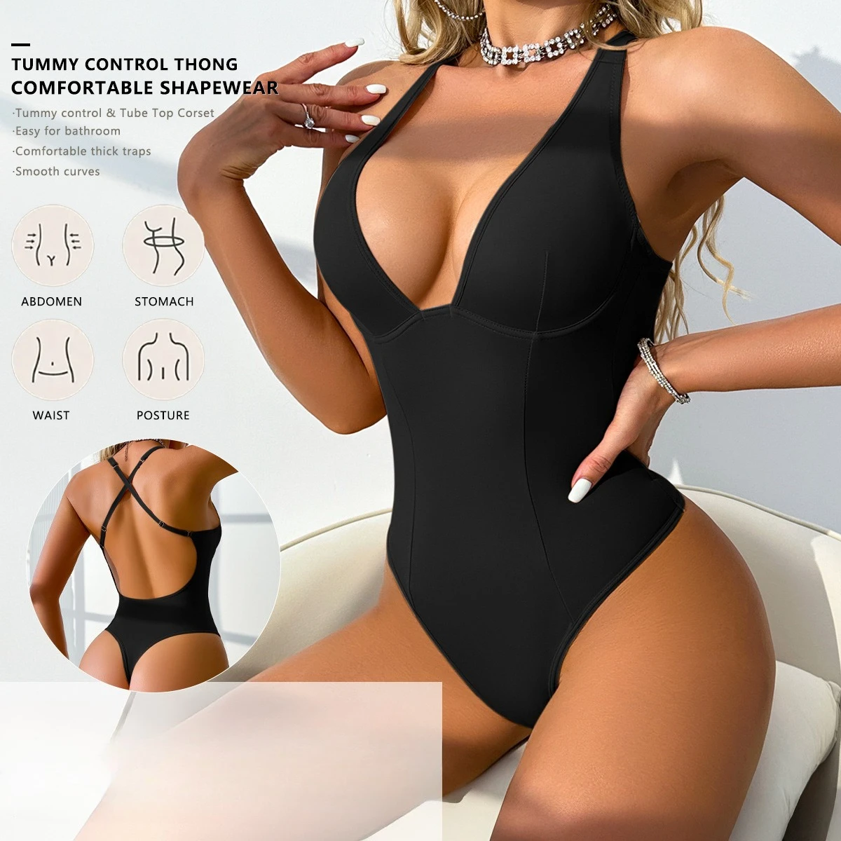 New Sexy Tummy Control Shapewear Bodysuit Women Spaghetti Straps Backless Thong Bodycon Lingerie Nightclub Party Outfits