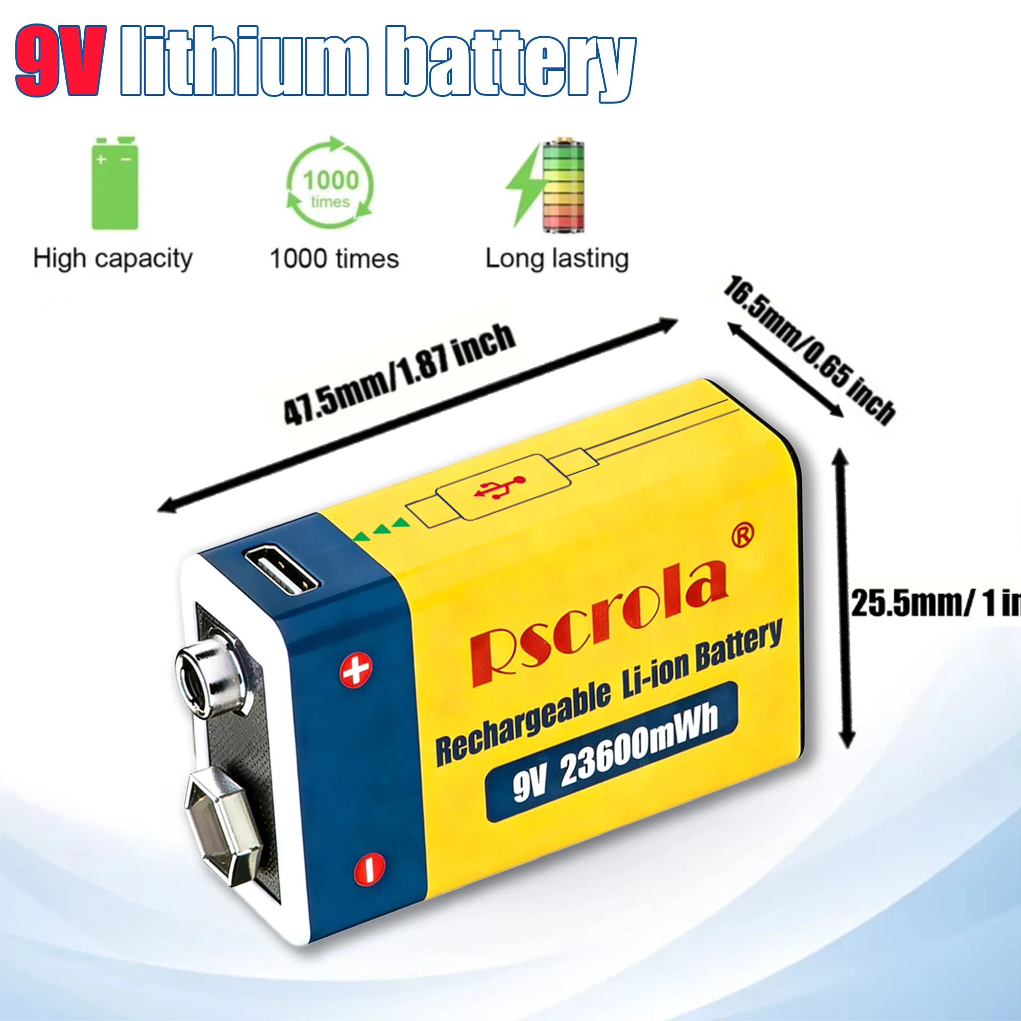 9V 23600mWh USB Lithium-ion Batteries 9V 6F22 Li-po Battery Constant Voltage 9V Output USB Li-ion Rechargeable Batteries