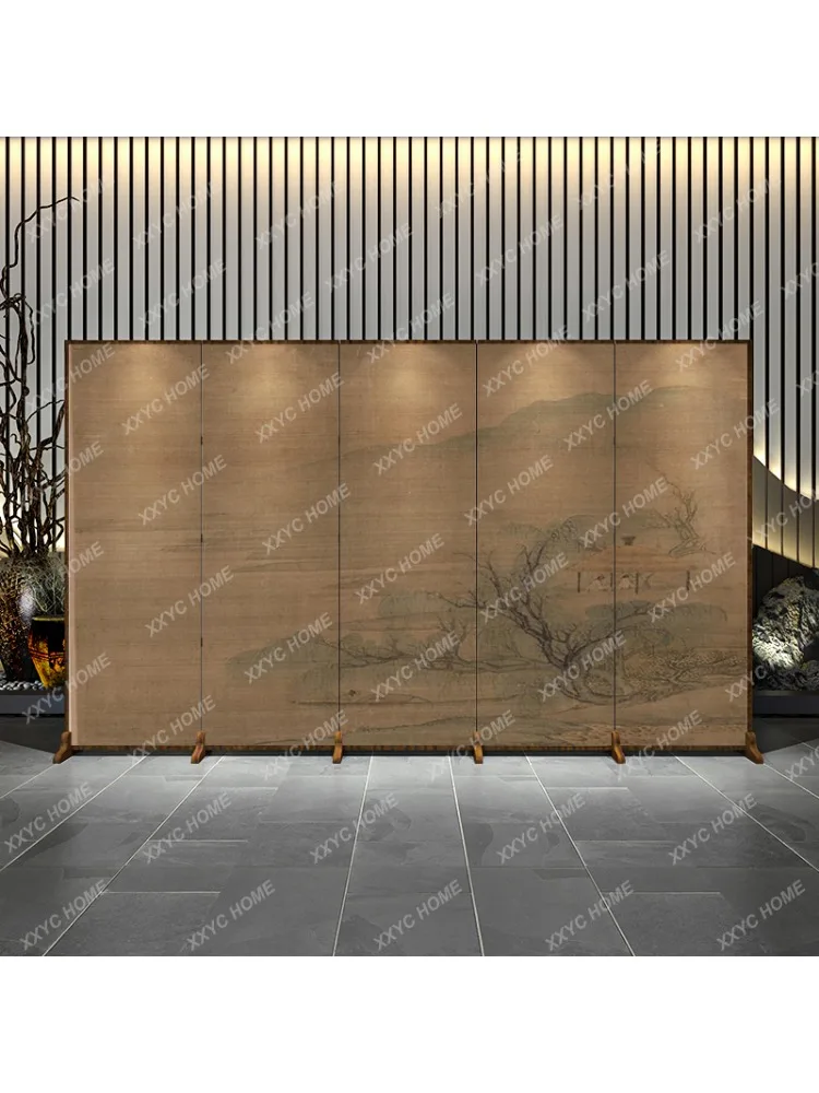 Chinese Solid Wood Accordion Partition Covering Ancient Paintings Landscape Decoration Mobile Folding Subareas Screens