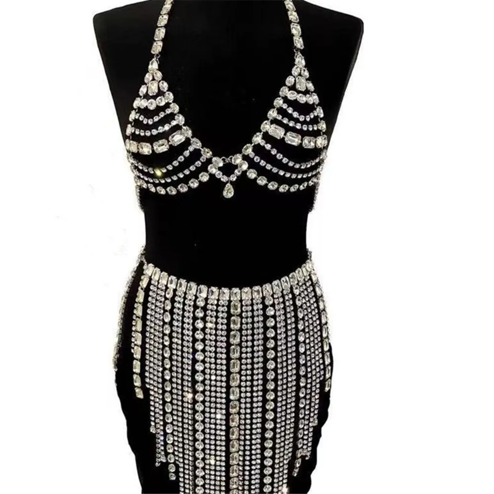 Glitter Rhinestone Big Square Stone Body Chain Top Bra Long Tassel Skirts Body Jewelry for Women Crystal Bralette Dress Bodysuit