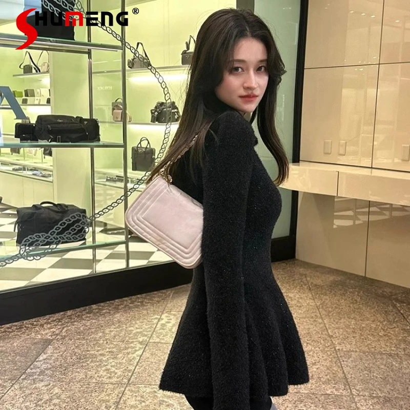 

Japanese Black Basics Sweet Long-sleeved Knit Tops Autumn and Winter Girls Daily Slim-Fit Elegant Fashion Knitted Short Dresses