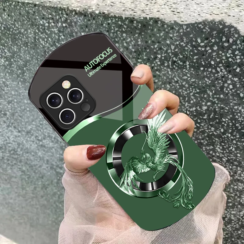Circle Phoenix Gold Iphone 11 12 13 14 15 16 Pro Max Plus Mini 7 8 Se 2020 X Xs Xr Elliptical Tempered Glass Phone Case