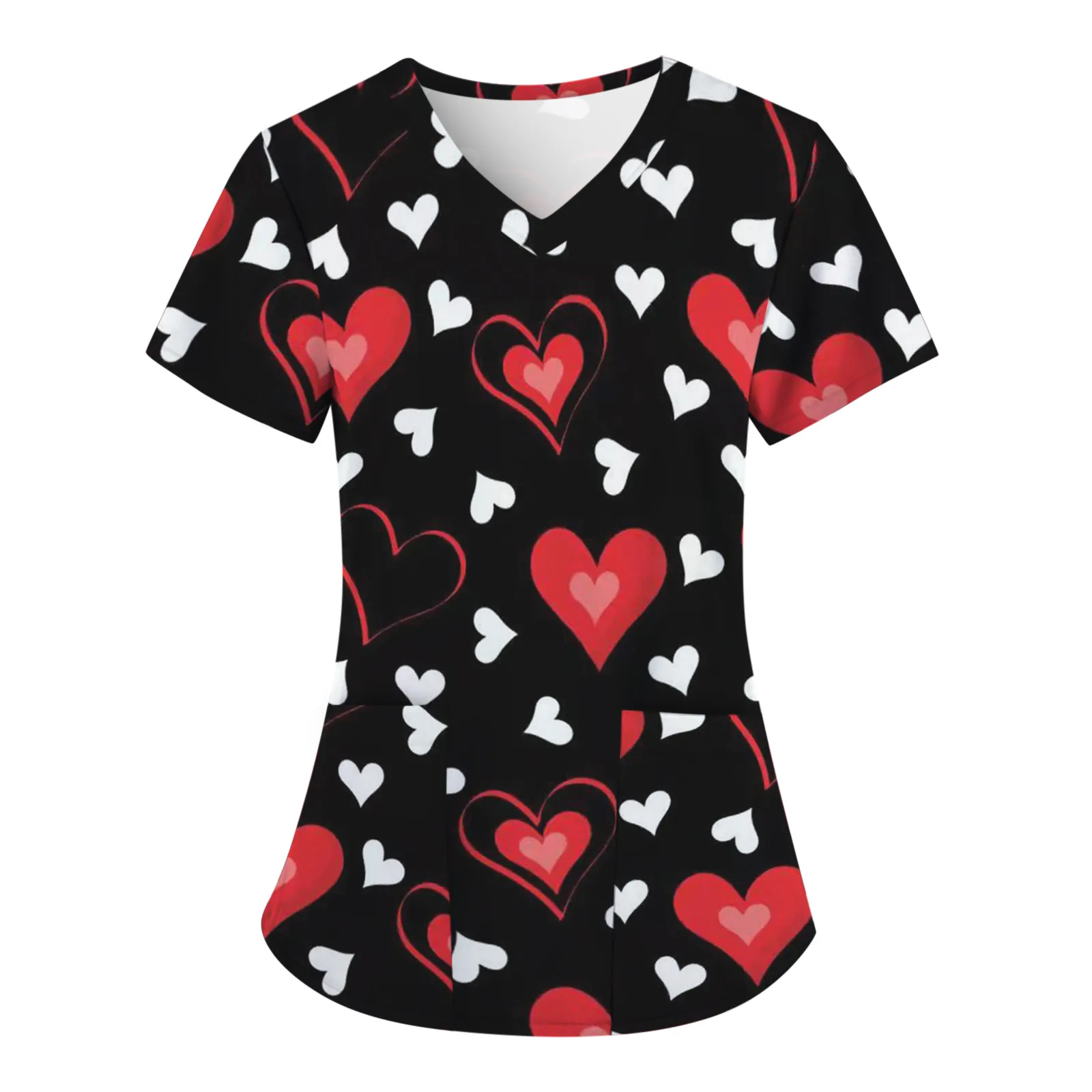 Womens Scrubs Nursing Top Cute Heart Printed Short Sleeve Neck Tops Care Working Uniform Blouse Shirt Nurse Pockets Uniforme