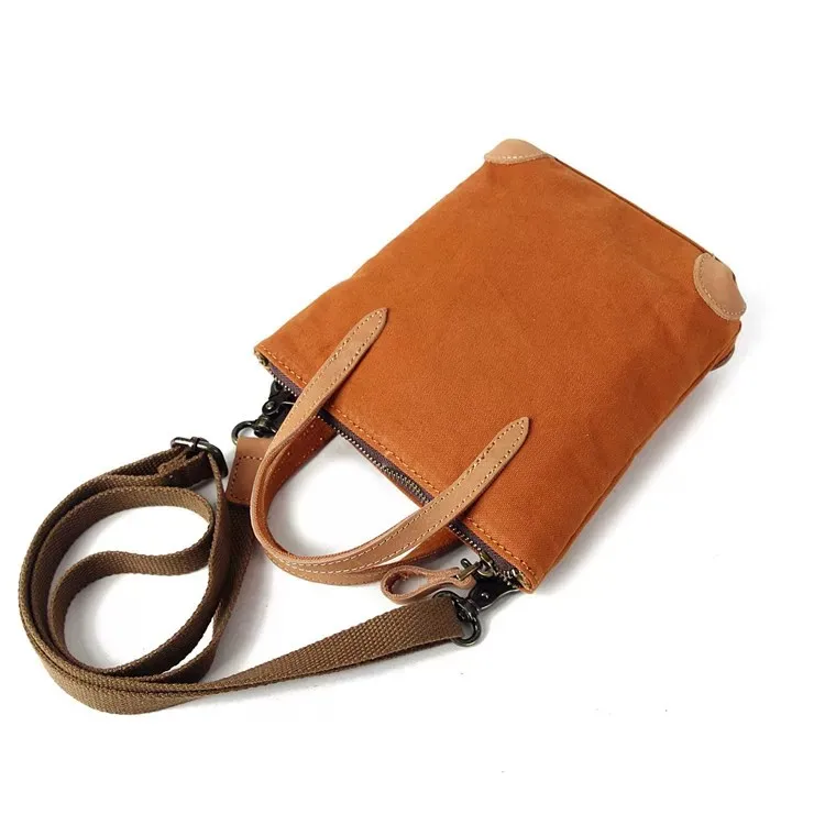 Casual Mini Canvas Phone Bag for Women Color-Block Top Layer Crazy Horse Leather Splicing Zipper Crossbody Shoulder Square Purse