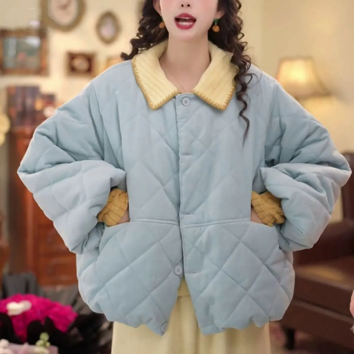 Korean design sense round neck cotton bread jacket women's 2025 autumn and winter new loose thickened  top tide