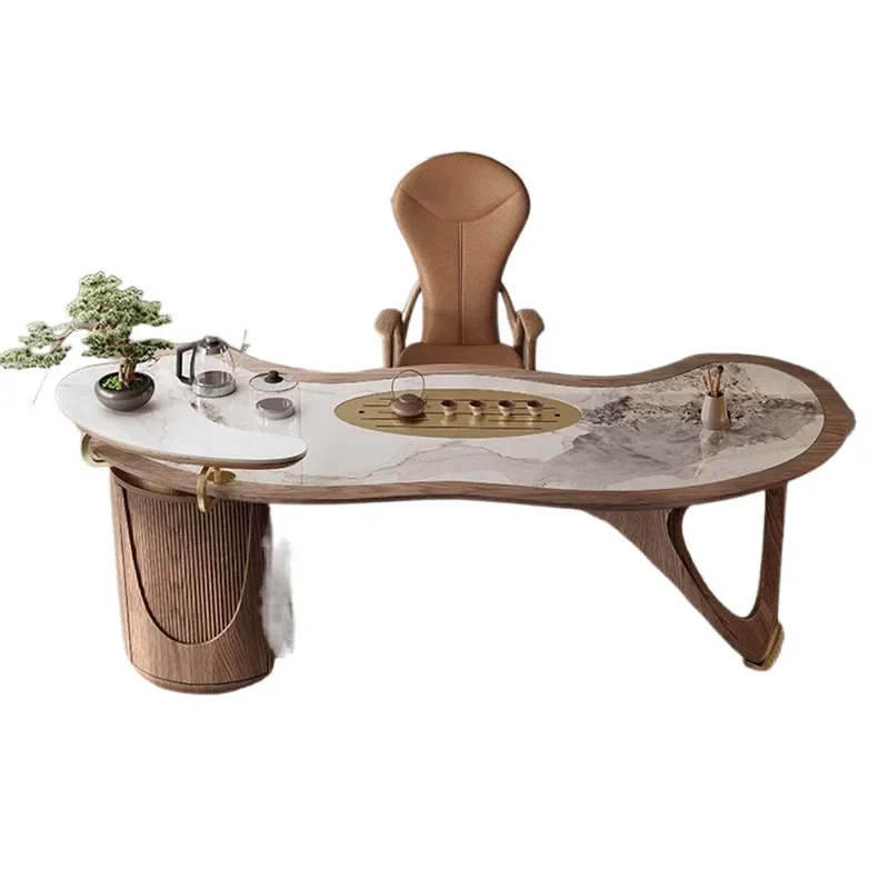 

Solid wood tea table office new Chinese curved light luxury rock slab tea table modern kung fu tea table chair set