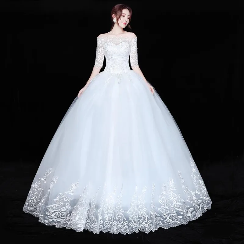 

It's Yiiya Wedding Dress White Embroidery Off the Shoulder Half Sleeves Lace up Princess Floor-length Plus size Bride Gown XN020