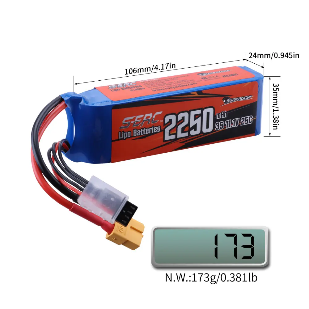 2pcs Sunpadow 3S 11.1V Lipo Battery for 2250mAh 25C 30C 40C with XT60 Plug for RC Airplane Quadcopter Drone FPV Boat Helicopter