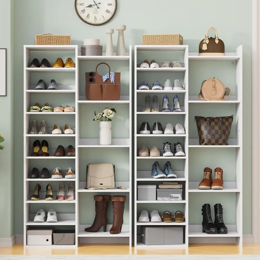 60 Tall 2-Set Shoe Rack, 60-Pair Storage Cabinet with Open Shelves, White