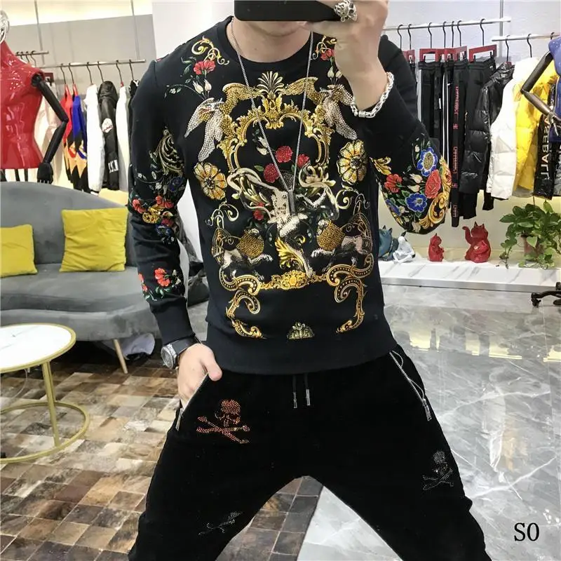 Men\'s 2021 autumn new slim long-sleeved handsome heavy craft flower and bird print hot diamond tide brand sweater men