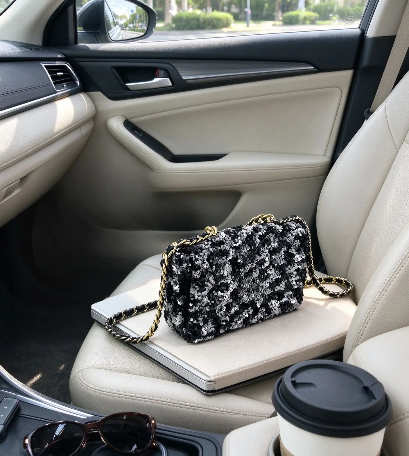 Black Silver Reversible Sequin Shoulder Bag Women Two-tone Thick Gold Chain Evening Crossbody Handbag