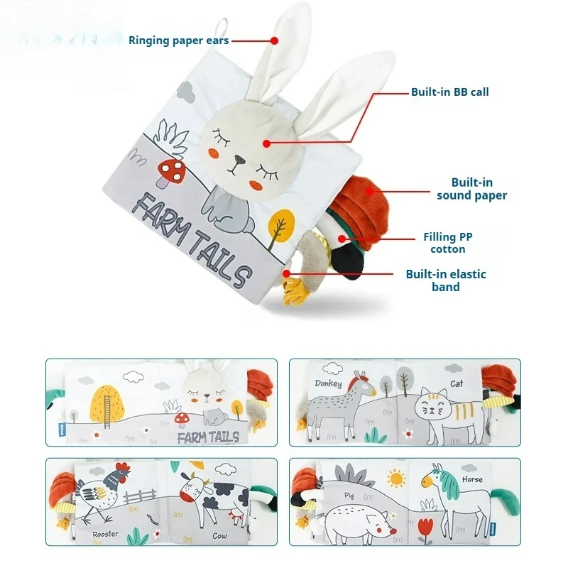 كتاب قماشي عالي التباين مقاوم للتمزق للرضع، كتاب مجعد أبيض وأسود قابل للمضغ، ألعاب حسية للأطفال حديثي الولادة وقت البطن