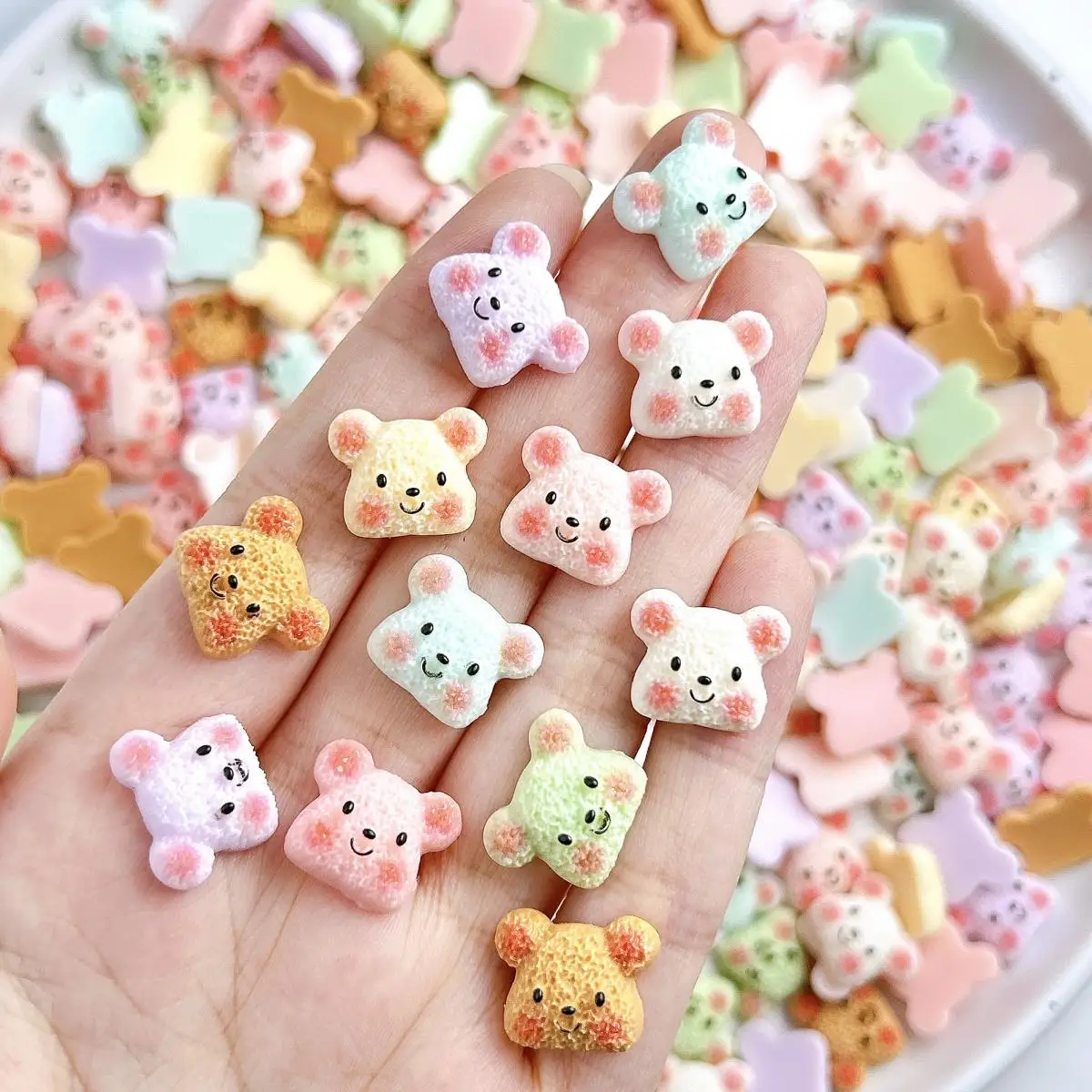

New Adorable Powder Blusher Bear Head Resin Nail Charms Colorful Luminous Smile Face Bear Nail Art Decorations DIY Hairpin Nails