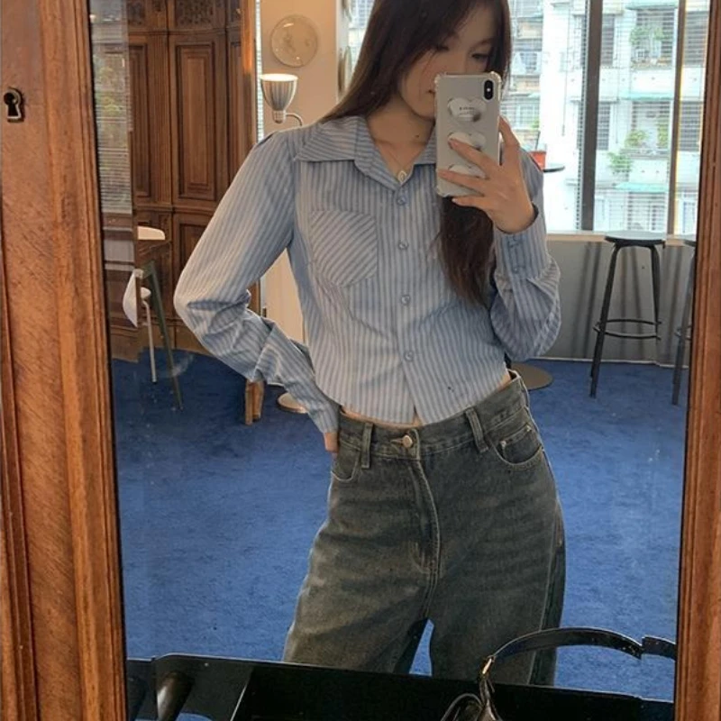 

Deeptown Blue Striped Cropped Shirts Women Vintage Elegant Long Sleeve Korean Fashion Blouses Slim Classic Casual Office Lady
