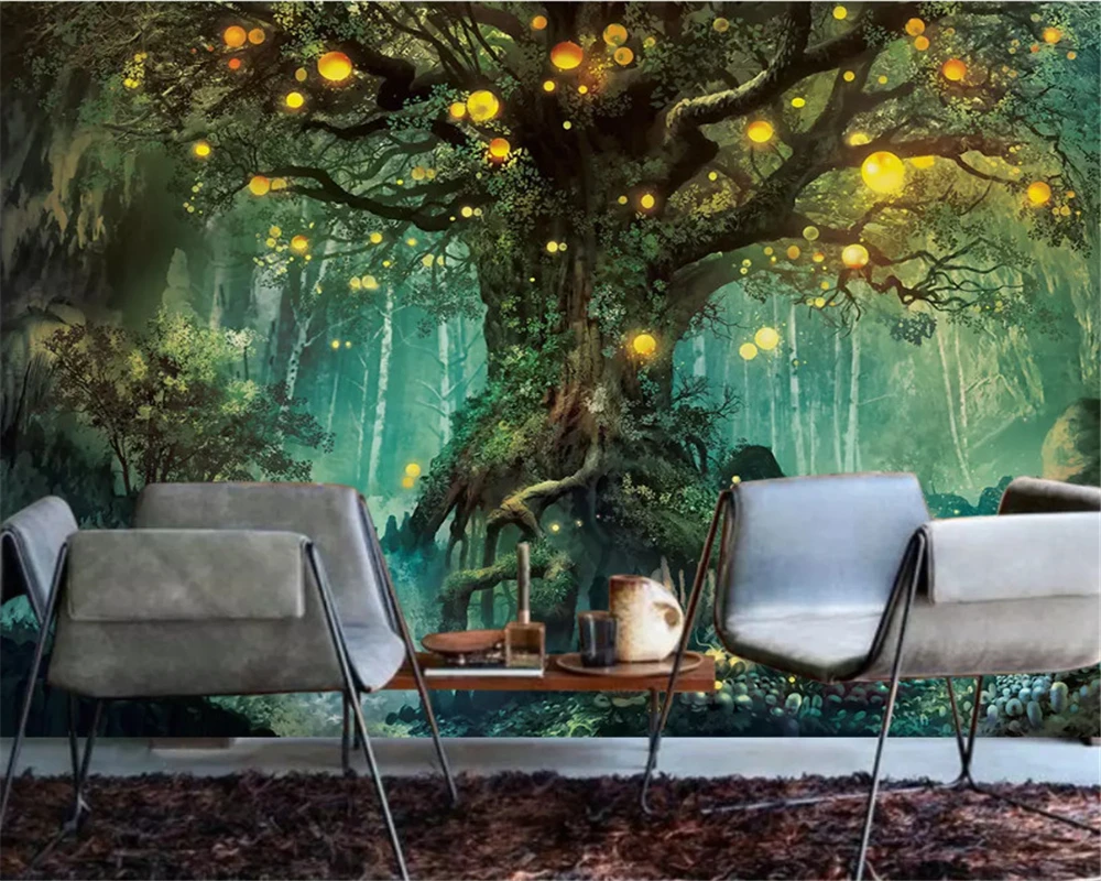 custom 3d Beautiful dream forest green wallpaper tree living room background wall mural bedroom dining room 8d papel DE parede