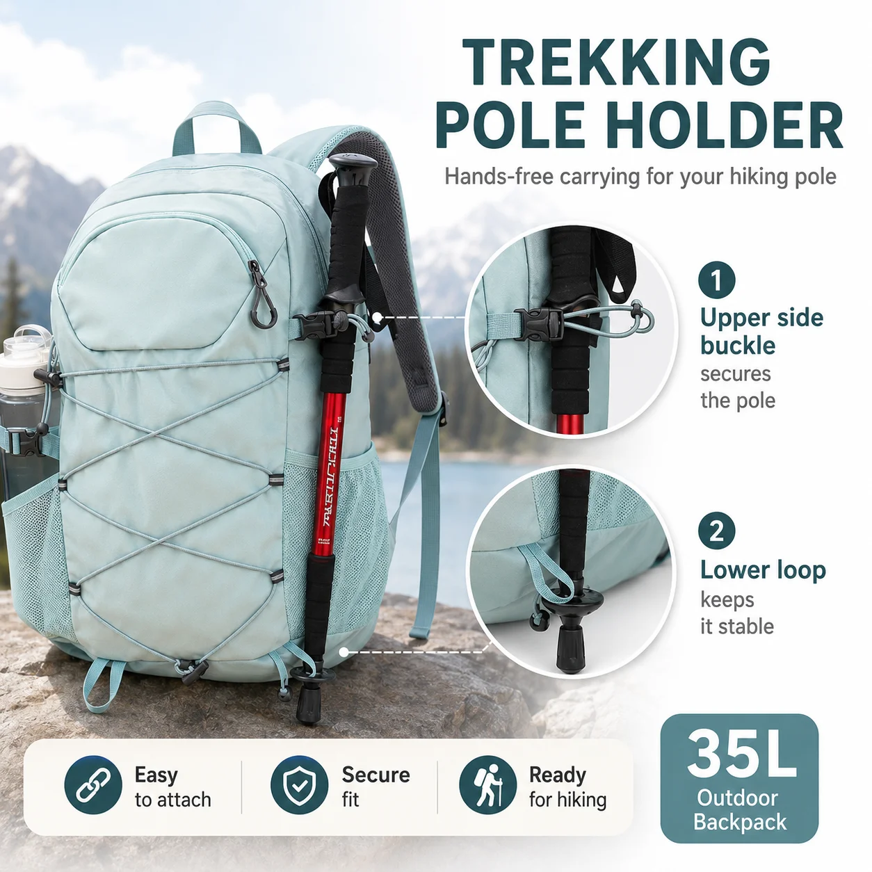 35L Trekking Backpack Lightweight Outdoor Rucksack with Pole Attachment Breathable Straps Side Pockets for Hiking Travel