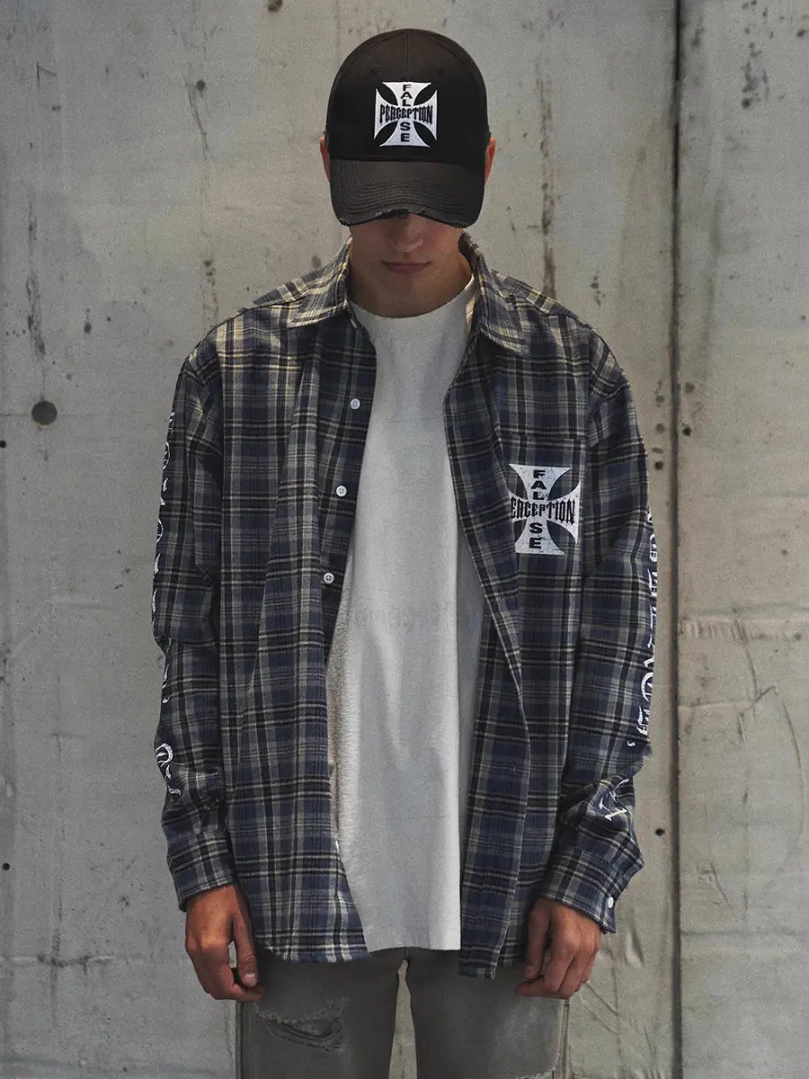 Checkered pattern Cross-Printed Blue Checkered Long-Sleeved Shirt - Men's and Women's American Weathered Loose-Fitting Blazer