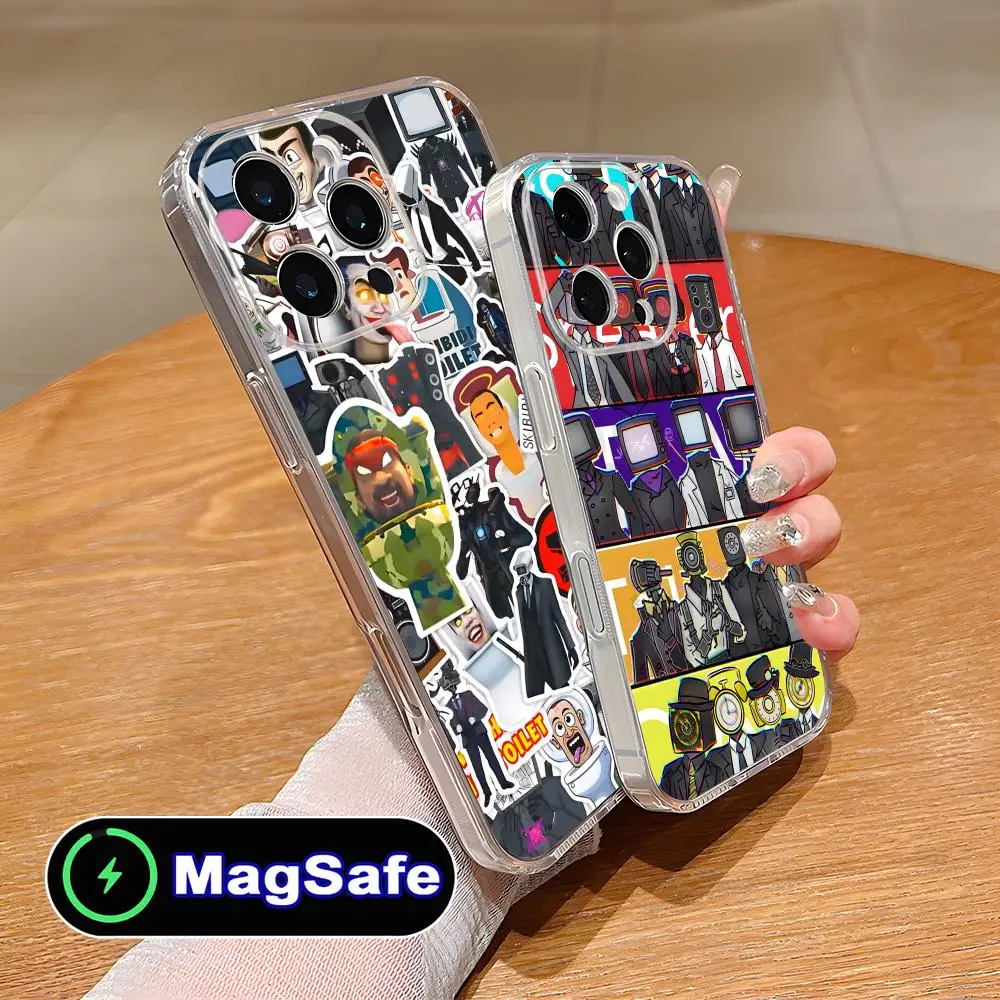 

Чехол Skibidi Toilet TV Camera Man для iPhone 17, 16, 15, 14, 13, 12, 11 Air Pro Max Plus Mini Magsafe, прозрачный цветной чехол