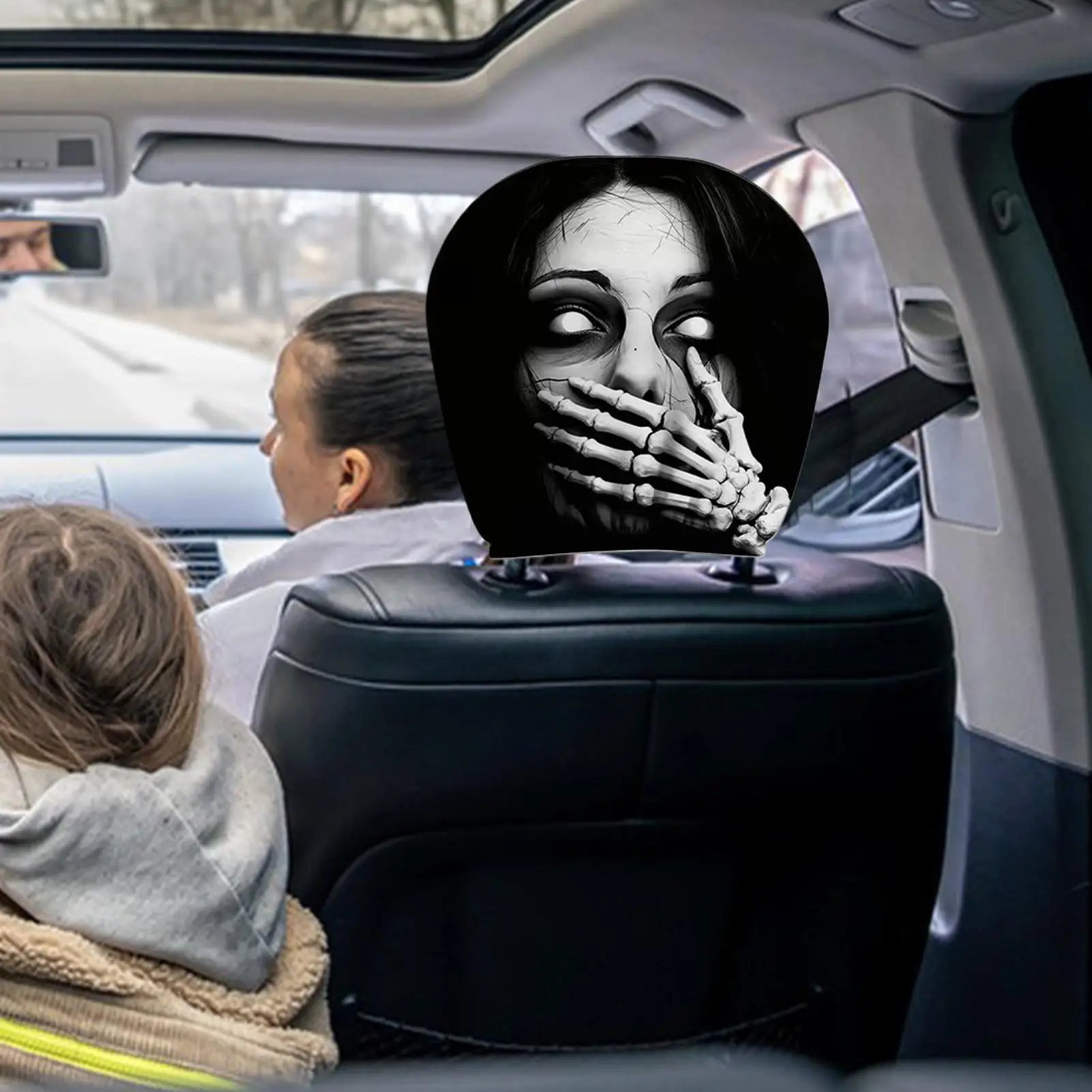 Head Rest Cover for Car Creepy Halloween Auto Interior Decoration Horror Car Headrest Cover for Vehicles Trailer RV Automotive
