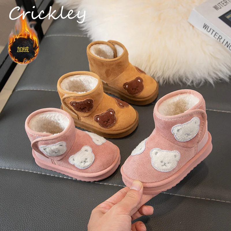 

Cartoon Bear Girls Boys Snow Boots Embroidery PU Plush Warm Baby Kids Boots Hook Loop Anti Slip Toddler Children Ankle Shoes