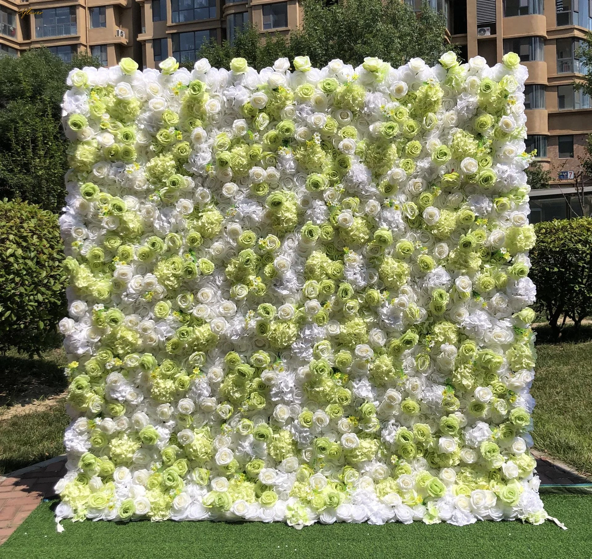 Uflower Wedding Green White Rose 5D Artificial Flower Wall Floral Arch Row Backdrop Event Party Props Flower Floral Arrangement