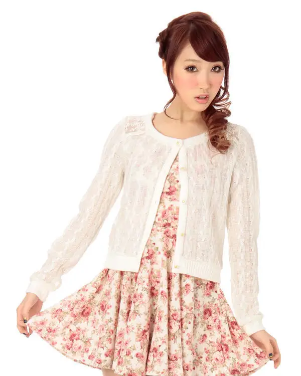 Japan Liz Lisa Lace Mesh Floral Embroidery Twisted Cotton And Acrylic Cardigan Sweater