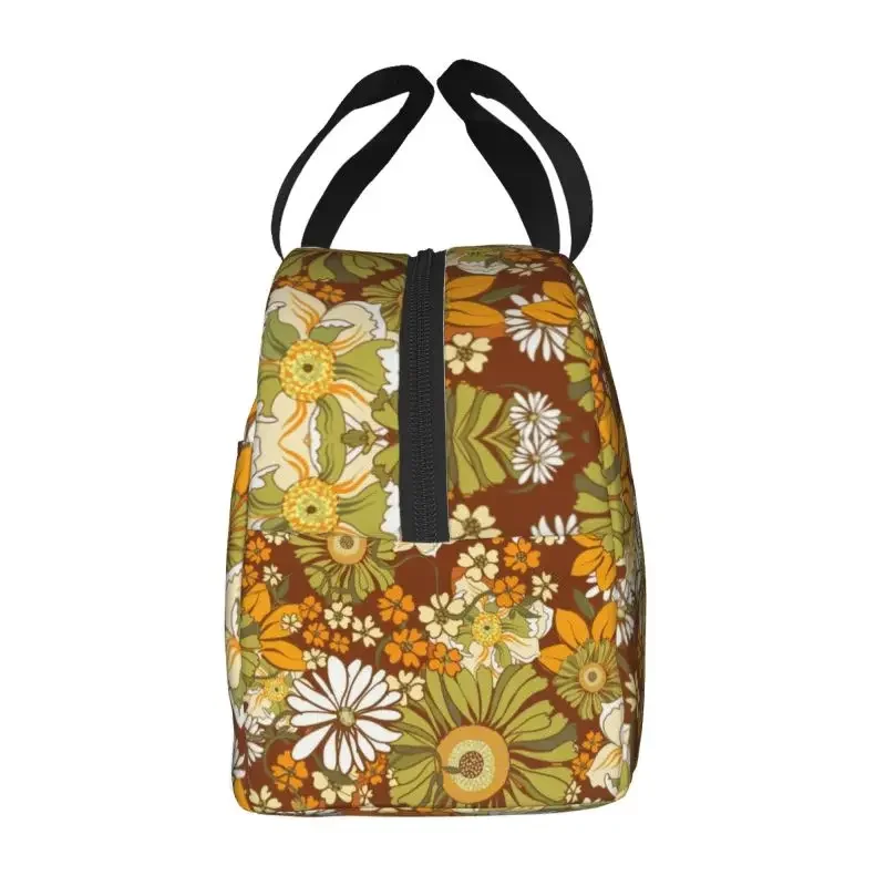 Boho 70s Vintage Hippie Flower Power Pattern Insulated Lunch Bags for Outdoor Picnic Resuable Thermal Cooler Bento Box Children