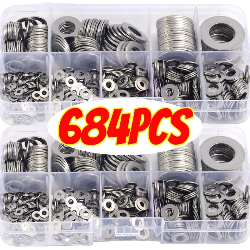 684/180PCS Stainless Steel Screw Washers Multi-function Plain Washer Gaskets Assortment Kit Sturdy Hardware Metal Washers M2-M12