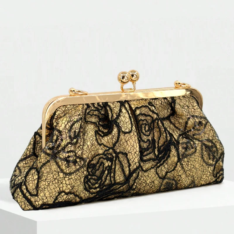Elegante Bolso de Noche con Lentejuelas y Encaje de Rosas, Diseño de Cierre de Beso con Marco Dorado, Bolso Bandolera para Baile de Graduación, Boda, Banquete