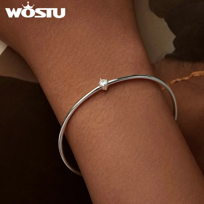 WOSTU 925 Sterling Silver Minimalism Jewelry Bangle Chain Bracelet For Women Adjustable Simple CZ Wedding Bracelets Party Gift