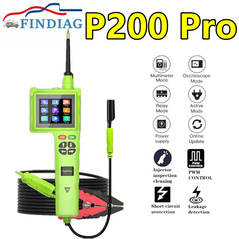 

TOPDiag P200 Pro автомобильный тестер цепей, рабочее напряжение 9 В-48 В, комплект датчиков мощности для обнаружения утечек, напряжение/сопротивление/реле