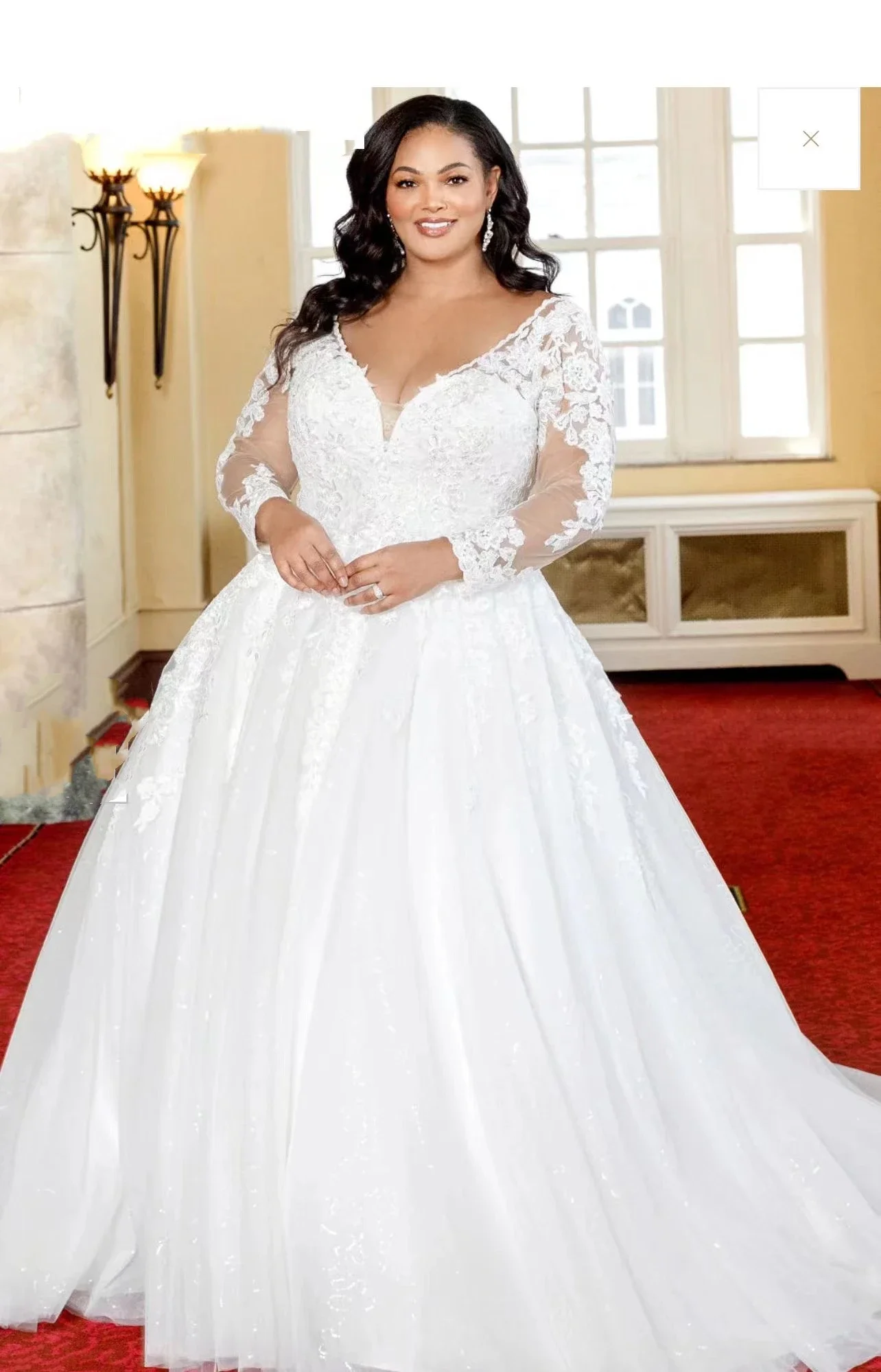 Vestido de novia de manga larga con cuello en V, línea A, lentejuelas, capas de tul, espalda abierta, apliques de encaje, talla grande, 2024