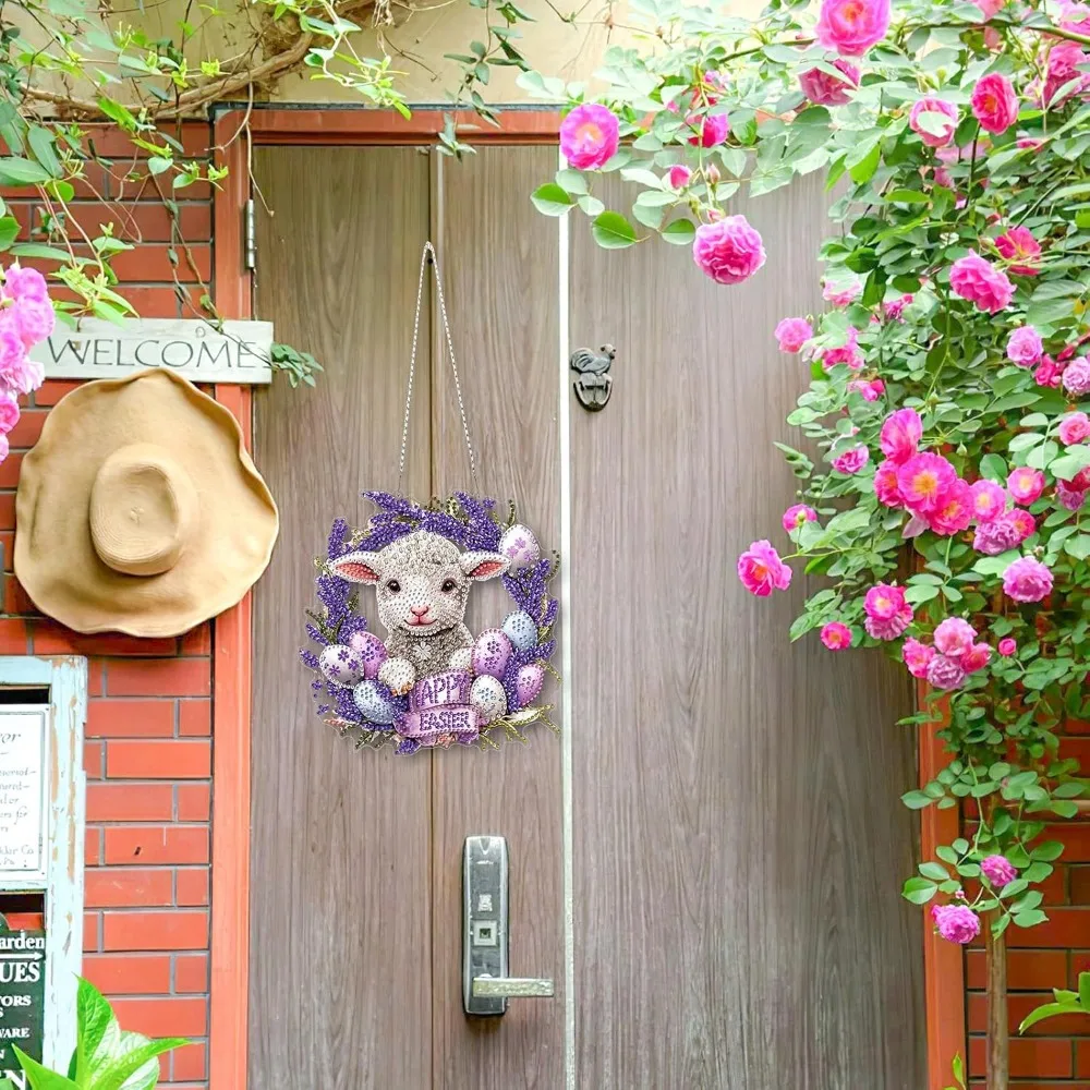 Easter DIY Diamond Painting Kit for Adults Special Shaped Lamb Rhinestone Art with Pendant Window Hanging Ornaments Home Garden Wall Door Spring Holiday Decorations Complete Craft Set with Diamonds Tools Sparkling view 3