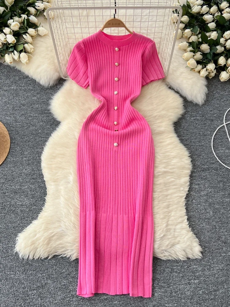Knitted Bodycon Dress Women Round Neck Single Breasted Short Sleeved Slim French Style Long Dresses Ladies Spring Auutmn Robe